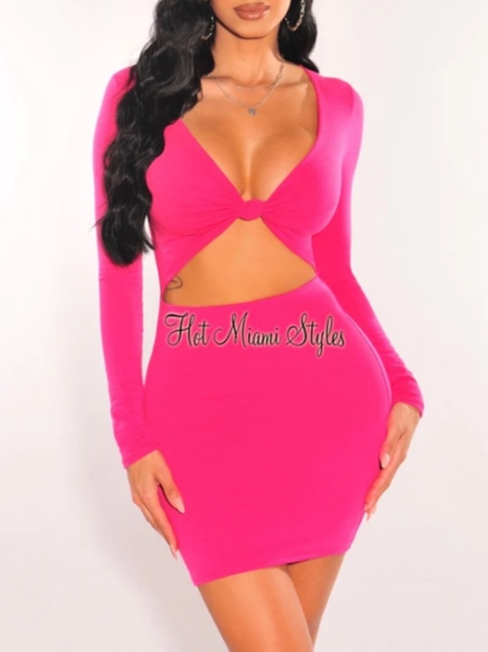 Fuchsia V Neck Knotted Cut Out Long Sleeve Dress